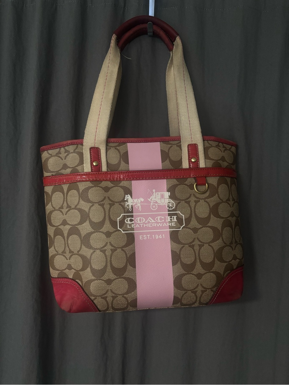 Coach Brown Signature Canvas Tote with Pink Stripe and Red Trim
